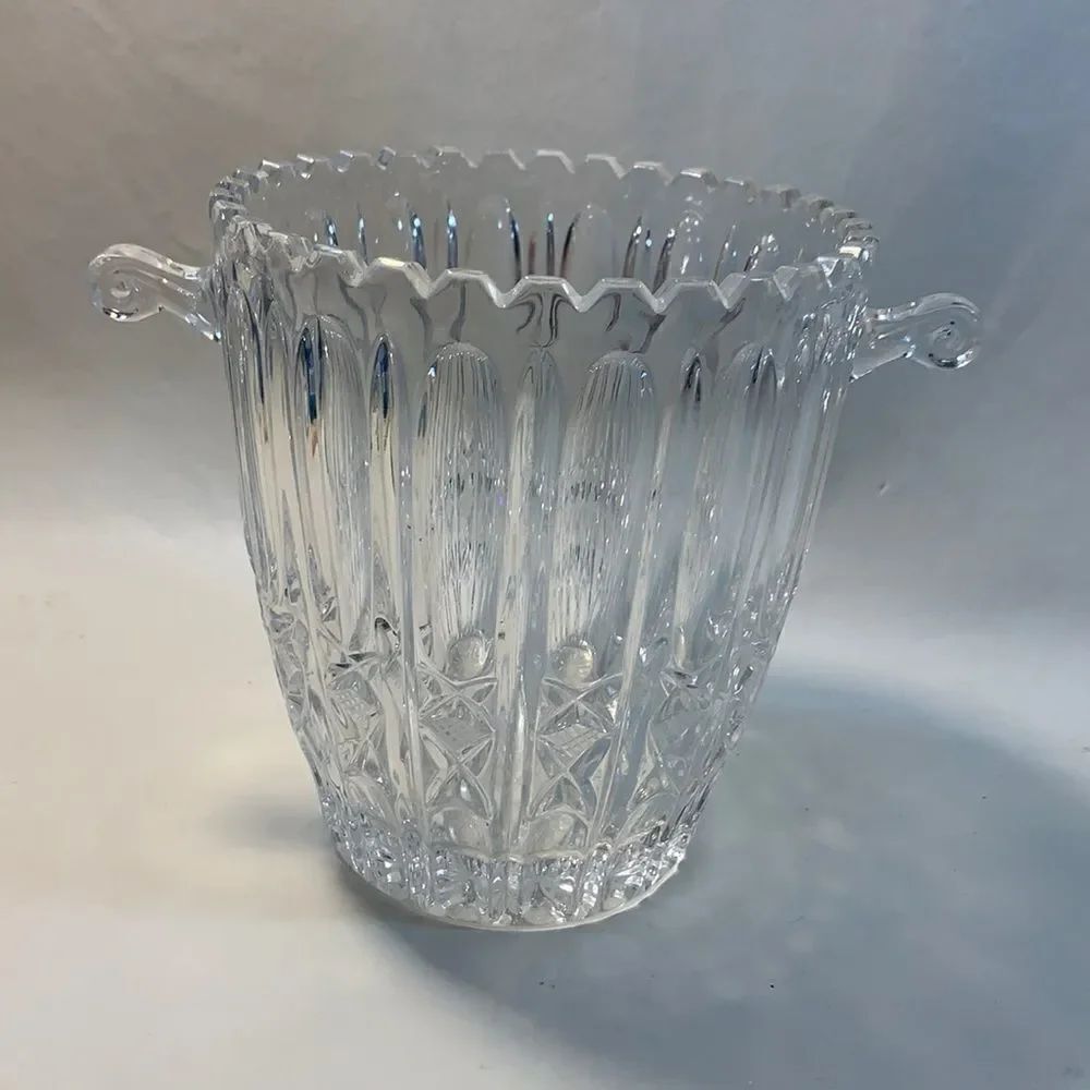Crystal Glass Wine Champagne Bucket Deep Cut Scalloped Edge Starburst 2 Handle